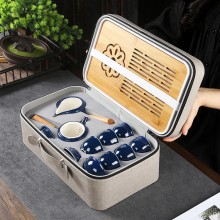 霽藍(lán)雙側(cè)把壺旅行茶具套裝茶盤(pán)便攜家用茶壺戶外辦公陶瓷