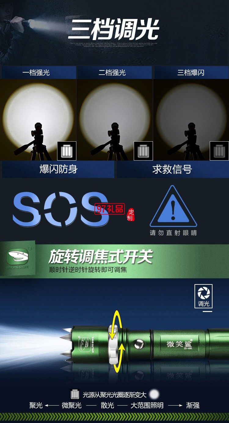  帶攻擊頭強(qiáng)光手電筒 LED可充電鋁合金手電筒 戶(hù)外防身手電