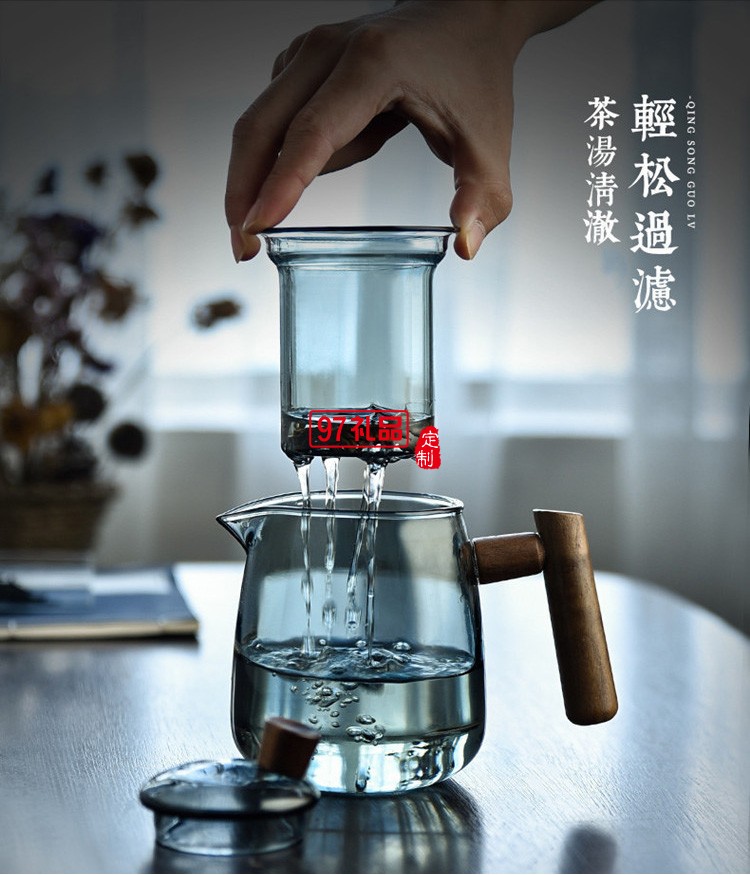 煙榭壺套裝 玻璃泡茶壺 茶水分離器耐高溫過濾木把側(cè)把壺